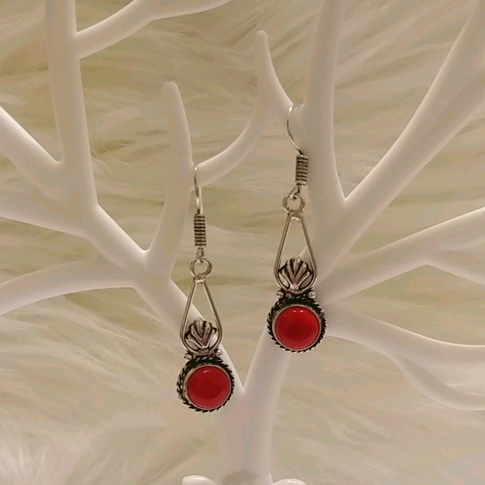 GORGEOUS Coral 925 Silver Plated Dangle Earrings